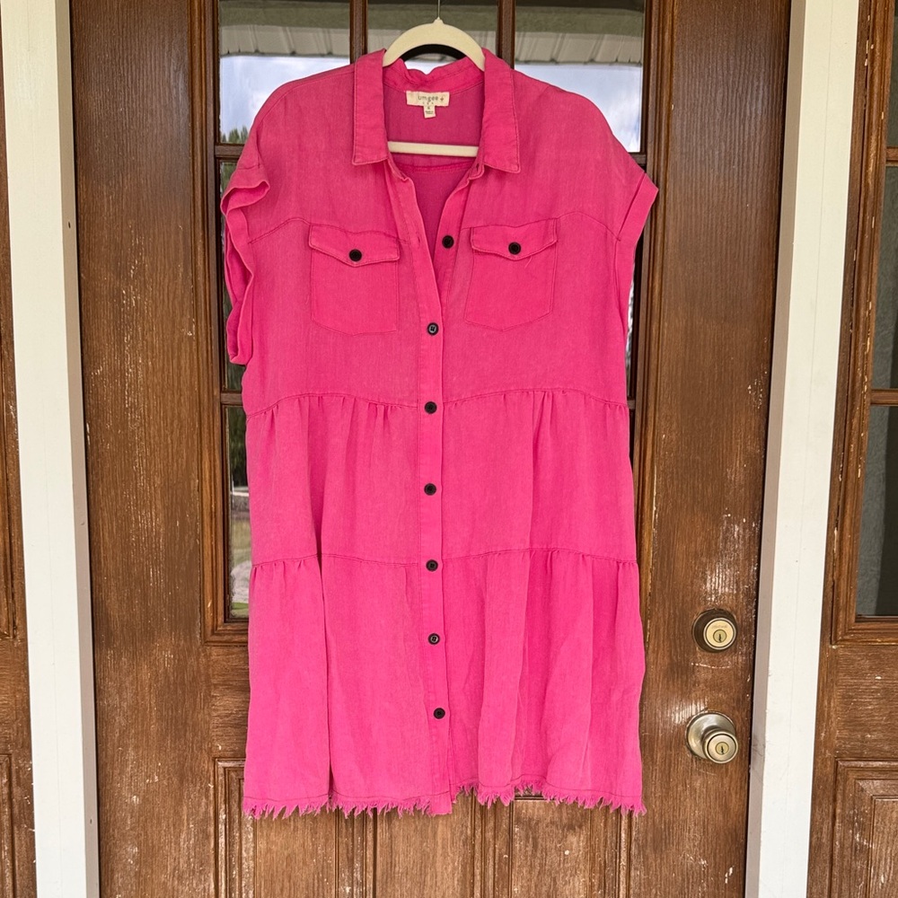 Umgee Hot Pink Tiered Button-Front Mini Dress